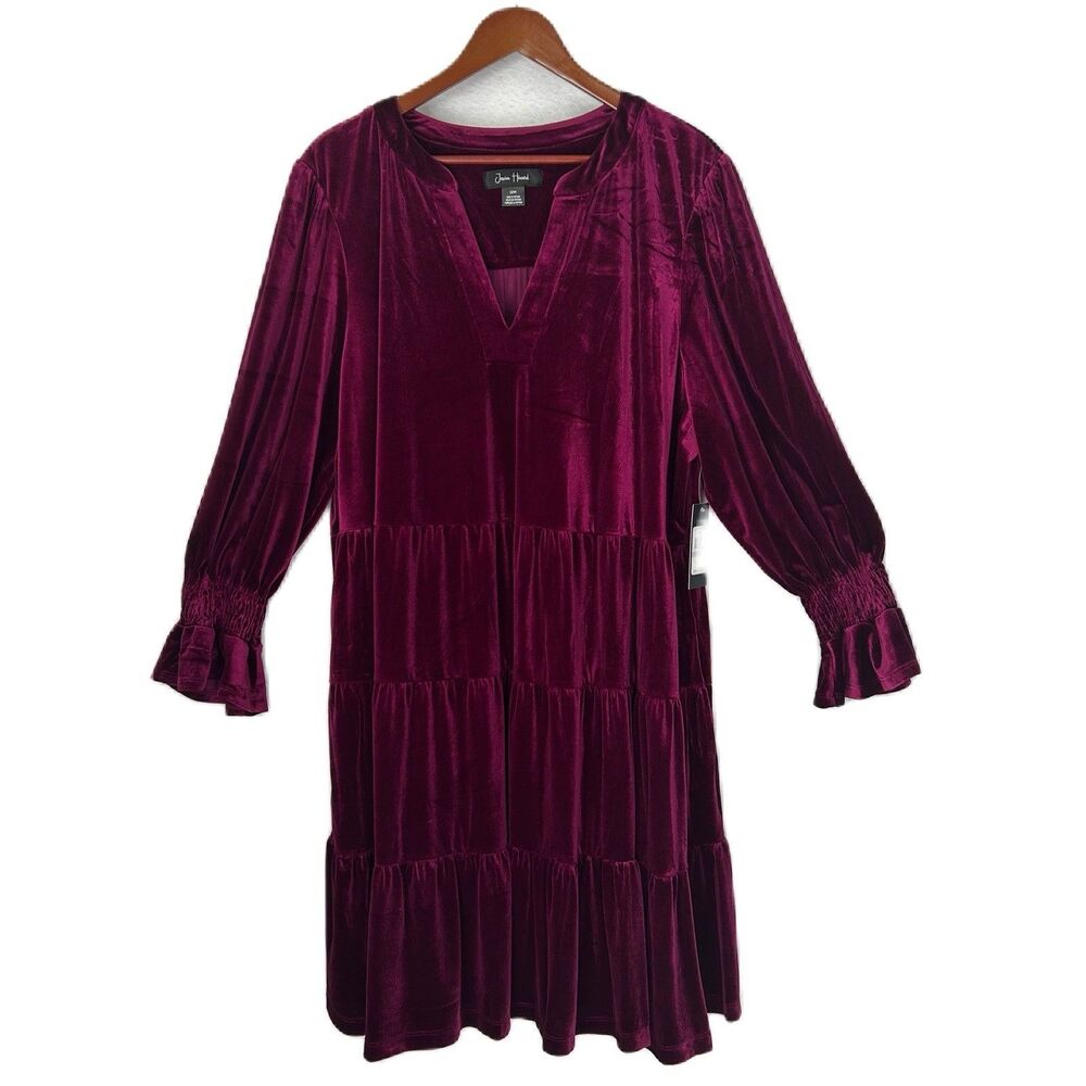 Jessica Howard Dress Women 22W Burgundy Velvet Tiered Pockets Boho Cottage NWT